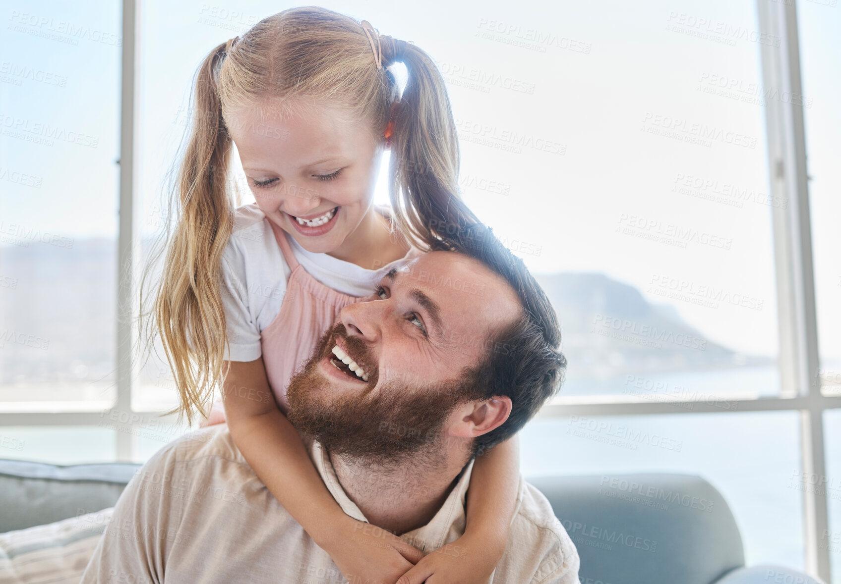 Buy stock photo Piggy back, father and child being happy, smile and relax together in the living room for bonding at home. Daughter, dad and girl bonding, embrace or have fun while playful, cheerful or joy in lounge