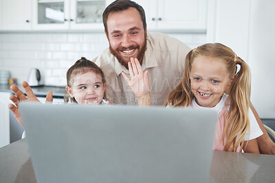 Buy stock photo Laptop, video call and happy father with kids wave at digital device screen together in kitchen. Smiling children, talking and virtual cyber conversation communication during lockdown on digital pc