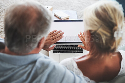 Buy stock photo Laptop video call, wave or couple in retirement with love, waving or communication in house living room. Relax, senior man and woman with tech for networking, social media or virtual call in Turkey