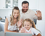 Happy family, wave and video call on laptop in kitchen with friends online using 5g internet communication. Smiling mom, dad and excited child, fun virtual zoom conversation and relax together 