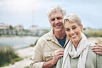 Senior couple, portrait smile and retirement in love for quality bonding in happy marriage together in nature. Elderly man and woman smiling in health, wellness and care for family lifestyle outdoors