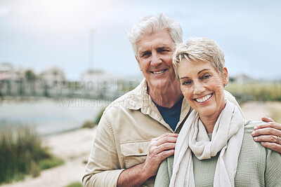 Buy stock photo Senior couple, portrait smile and retirement in love for holiday bonding in happy marriage together in nature. Elderly man and woman smiling in health, wellness and care for family lifestyle outdoors