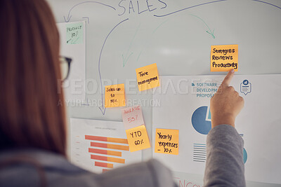 Buy stock photo Meeting, sticky note and business woman planning strategy project with statistics, data and charts. Corporate, post it and professional employee working on company analysis presentation in office.