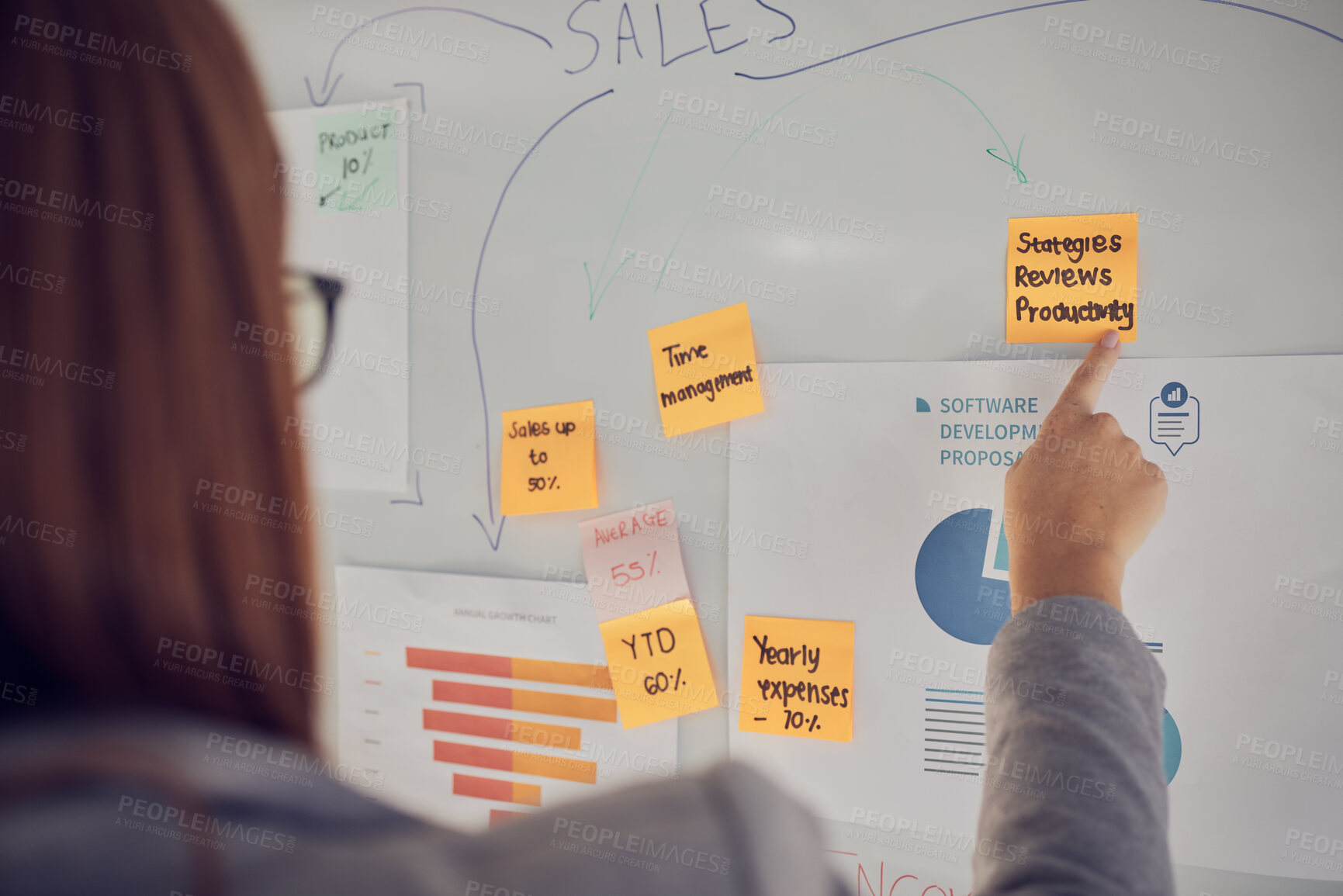 Buy stock photo Meeting, sticky note and business woman planning strategy project with statistics, data and charts. Corporate, post it and professional employee working on company analysis presentation in office.