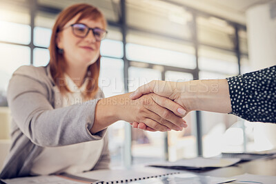 Buy stock photo HR, job interview and handshake welcome to hiring meeting with cv candidate for future corporate employment. Business meeting, human resource recruiter and employee working contract negotiation deal 