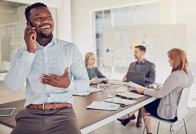 Buy stock photo Phone call, smile and businessman in a corporate meeting for planning, strategy and collaboration at work. Happy, thinking and African worker talking on a mobile while working with employees