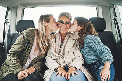 Buy stock photo Family, kiss and road trip with a girl, mother and grandmother in the backseat of a car for a drive. Love, travel and transport with a senior woman, daughter and granddaughter on vacation or holiday