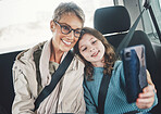 Grandmother, girl and selfie with phone in a car while on a road trip for social media post online. Senior woman and kid smile, photo and happy with travel holiday with 5g smartphone in Germany 