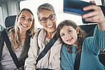 Girl, mother and grandmother selfie with phone in a car, road trip and transport with picture for social media. Family travel, transport, or holiday with smartphone for internet post with happy smile