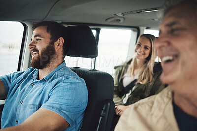 Buy stock photo Family, travel and road trip with a man driving a car on holiday or vacation with his relatives as a passenger. Transport, driver and journey with a group of happy people traveling together