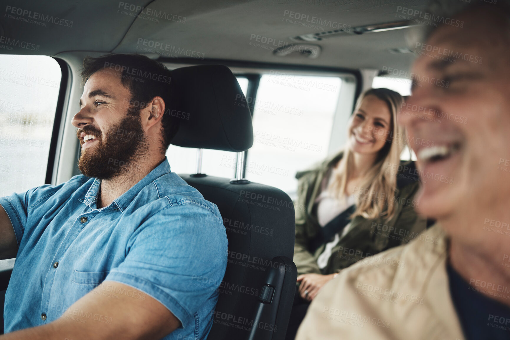 Buy stock photo Family, travel and road trip with a man driving a car on holiday or vacation with his relatives as a passenger. Transport, driver and journey with a group of happy people traveling together