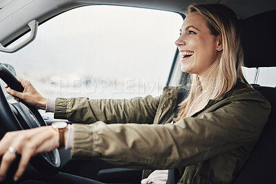 Buy stock photo Travel, car driver and woman excited, having fun and enjoy speed transportation, fast suv or road trip journey. Van, freedom smile and happy adrenaline girl driving automobile with crazy high energy