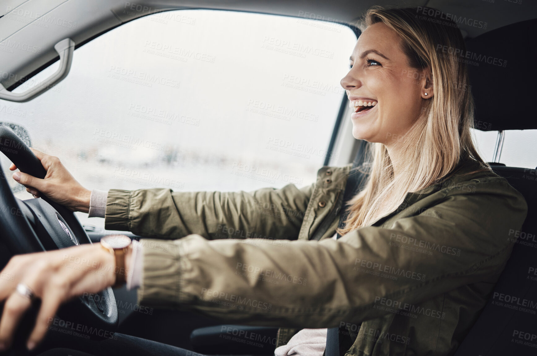 Buy stock photo Travel, car driver and woman excited, having fun and enjoy speed transportation, fast suv or road trip journey. Van, freedom smile and happy adrenaline girl driving automobile with crazy high energy