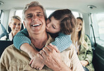 Happy, family and road trip travel of children and parents traveling in a car for vacation. Happiness hug, kids and elderly people using transportation with love and care ready for a holiday together