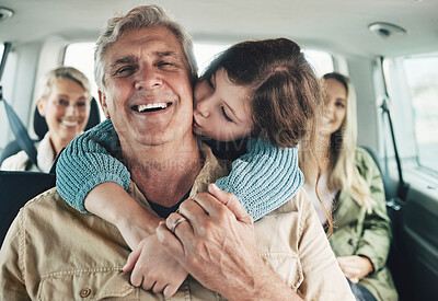 Buy stock photo Happy, family kiss and road trip travel of children and parents traveling in a car for vacation. Happiness hug, kids and elderly people using transportation with love and care ready for a holiday 