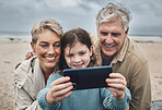 Phone selfie, beach and grandparents with child bond on relax adventure, fun travel journey or vacation in Sydney Australia. Memory, love and happy family of grandpa, youth kid girl and grandma smile