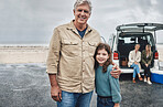 Car, old man and child on a road trip as a happy family for traveling, adventure and enjoying freedom outdoors. Smile, portrait and senior grandpa with young girl on a winter holiday vacation trip