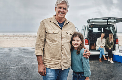 Buy stock photo Car, old man and child on a road trip as a happy family for traveling, adventure and enjoying freedom outdoors. Smile, portrait and senior grandpa with young girl on a winter holiday vacation trip