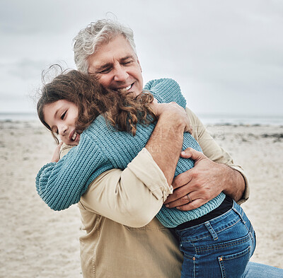 Buy stock photo Happy, grandfather and child hug on beach for love, care and family bonding in the outdoors. Grandpa hugging grandchild embracing relationship in joyful happiness for free time together in nature