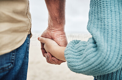 Buy stock photo family, beach and father holding hands with kid in support, child care trust and love while enjoy peace, freedom or bond. Quality time, travel and young youth girl and dad relax together on calm sand