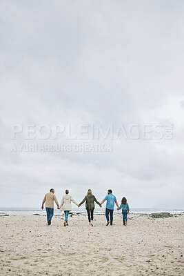 Buy stock photo Holiday, family and walking beach in summer vacation, travel and freedom in South Africa. Love, freedom and care grandparents, parents and kid relax, bond and enjoy winter ocean trip together 