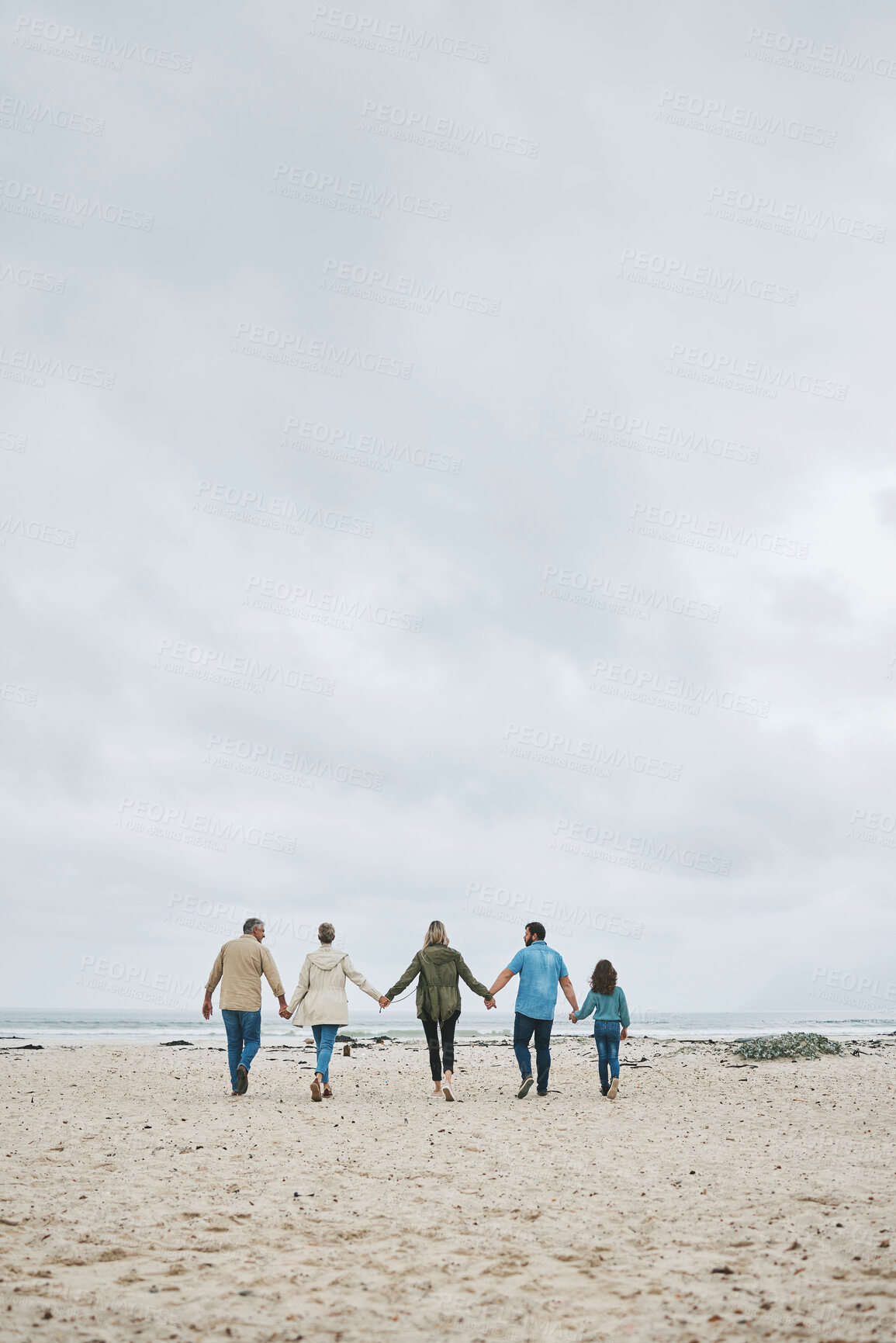 Buy stock photo Holiday, family and walking beach in summer vacation, travel and freedom in South Africa. Love, freedom and care grandparents, parents and kid relax, bond and enjoy winter ocean trip together 