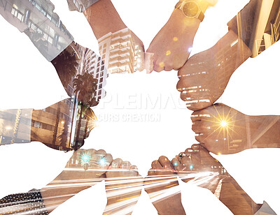 Buy stock photo Fist bump, double exposure and corporate people for teamwork, city development and night innovation collaboration. Overlay of urban street lights with partnership, goal or support business hands sign