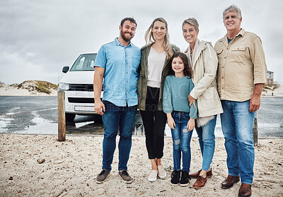 Buy stock photo Grandparents, mother and father with child, on road trip and happy have vacation, adventure and travel together. Family, with girl and enjoy holiday, getaway and relax with smile, bonding or portrait