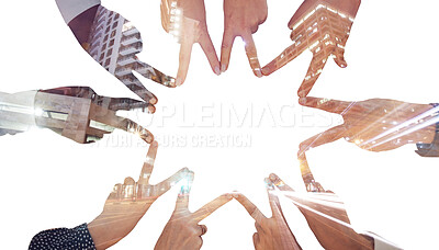 Buy stock photo Corporate hands, business and support with people in double exposure for city startup, innovation and goal against a white background. Team, hand and star group success with trust, unity and mission