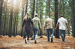 Family, friends and forest adventure with parents and adult children walking in nature for outdoor hiking, fun and trees on wellness vacation. Running, couple and travel men and women in woods