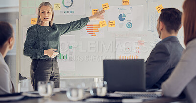Buy stock photo Business leader, charts and presentation with employees, coach or manager talk growth for teamwork training meeting on whiteboard. Men and women at discussion for marketing campaign and planning
