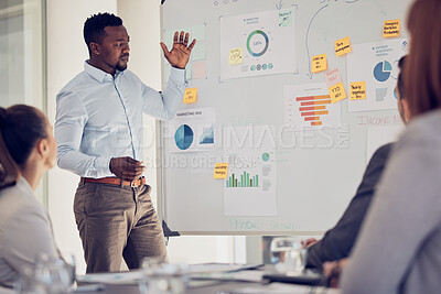 Buy stock photo Presentation, whiteboard and businessman with finance strategy, erp marketing analysis and company kpi review. Accountant black man with chart, graph or financial statistics for corporate budget data