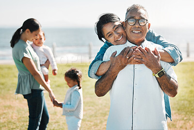 Buy stock photo Family, love and portrait of grandparents in park for summer, health and retirement together. Happy, lifestyle and bonding with children and old couple for smile, hug and bonding in outdoors