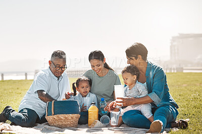 Buy stock photo Relax, happy and picnic with big family in park for summer, nature and food together on grass. Spring, retirement and love with mother, children and grandparents in outdoor with youth and calm 