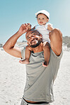 Beach, happy and father with baby on his shoulders while on a summer adventure seaside holiday. Happiness, love and man from Mexico with infant child in nature by the ocean while on family vacation.