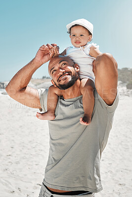 Buy stock photo Beach, happy and father with baby on his shoulders while on a summer adventure seaside holiday. Happiness, love and man from Mexico with infant child in nature by the ocean while on family vacation.