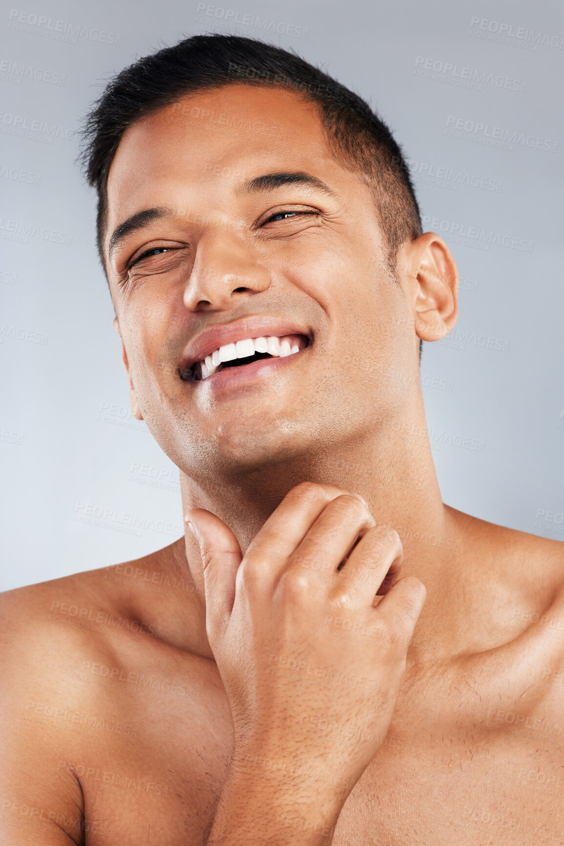 Buy stock photo Happy, man and smile with teeth for dental healthcare, clean hygiene and skin against a grey studio background. Satisfied male smiling in happiness for hygienic oral, mouth and gum care treatment