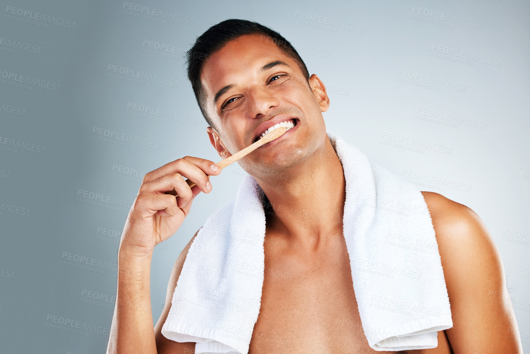 Buy stock photo Dental, health and man use toothbrush and toothpaste to clean teeth for healthy mouth, gums and happy. Confident, male and relax shows oral hygiene with big smile, cleaning and brushing teeth 
