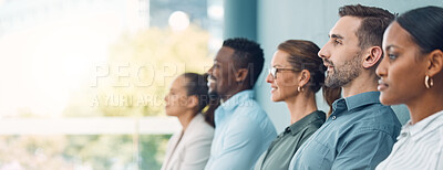 Buy stock photo Recruitment, interview and people in queue for work at finance, insurance or investment business. Group, man and woman waiting in lobby of company for hr, hiring and manager for onboarding at job