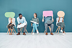 People with speech bubble, social media mockup space and sitting on chairs for digital marketing interview with hr. We are hiring advertising team, employee recruitment feedback and group talking 