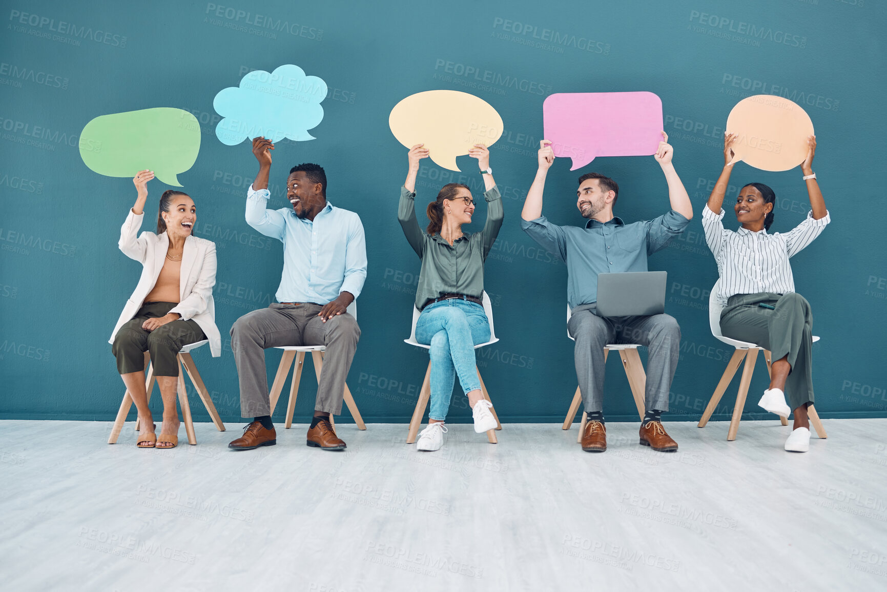 Buy stock photo Poster, opinion and diversity with speech bubble thinking about news poll vote on review board. Team with social media mock up advertising boards of communication icon, cloud or billboard to network