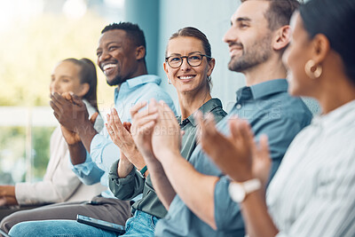 Buy stock photo Business audience, hands and clapping in support of speech or presentation during a conference with business people. Business meeting, applause and success with excited colleagues cheering together