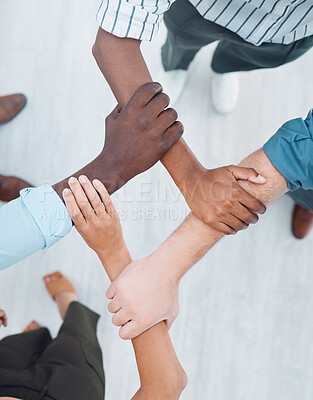 Buy stock photo Diversity, support and teamwork with hands of business people holding arms for community, global networking or mindset goals. Vision, innovation and workshop with employee for mission, growth or hope