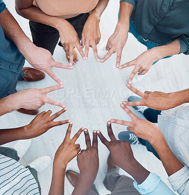 Buy stock photo Teamwork, peace hand sign together and corporate support of a worker team showing community. Business collaboration, solidarity and company trust gesture of staff workforce diversity ready to work