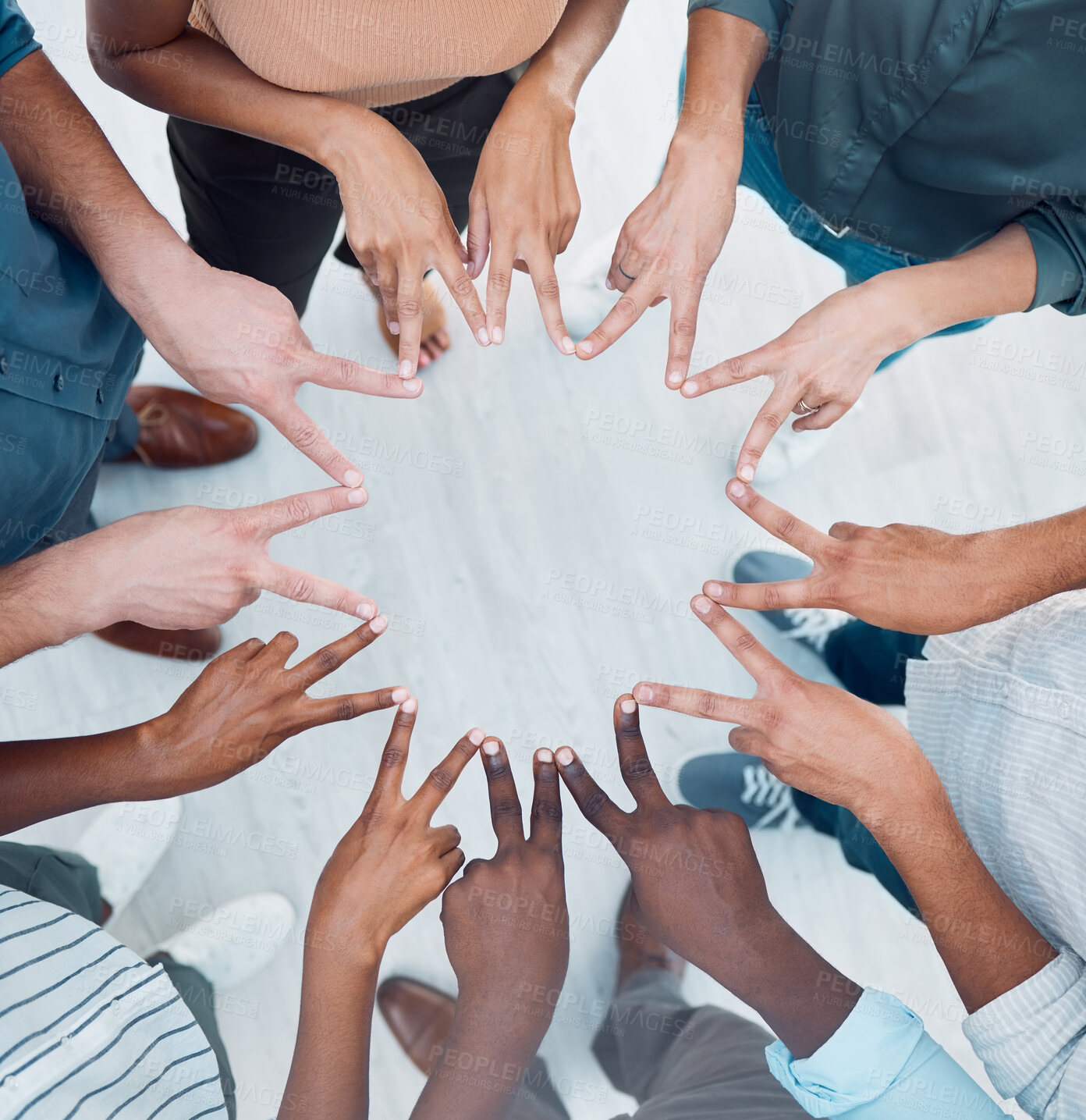 Buy stock photo Teamwork, peace hand sign together and corporate support of a worker team showing community. Business collaboration, solidarity and company trust gesture of staff workforce diversity ready to work
