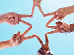 Blue sky, hands and star peace star with community in support of partnership, collaboration and goal. Hand, business people and innovation sign with business people in teamwork, business and startup