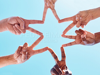 Buy stock photo Blue sky, hands and star peace star with community in support of partnership, collaboration and goal. Hand, business people and innovation sign with business people in teamwork, business and startup