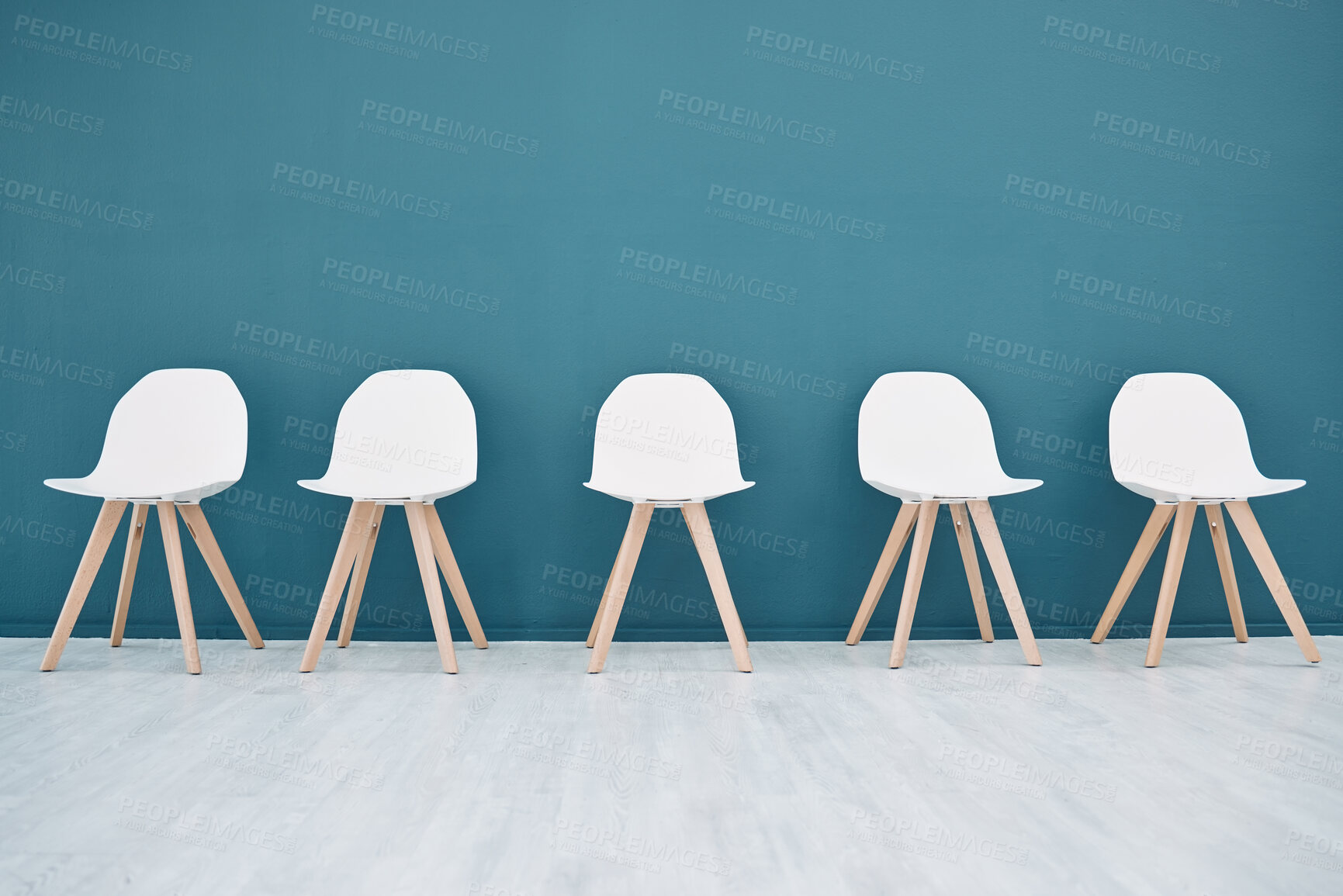 Buy stock photo We are hiring, job interview and recruitment with empty furniture and mockup for feedback, news and vote. Review, idea and opinion with chair seats for unemployment, networking and poll survey 