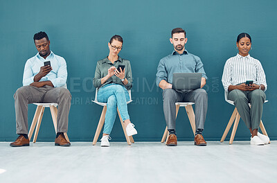 Buy stock photo Recruitment, interview and business people waiting in line at for corporate meeting on different devices. Startup, hiring and business opportunity with diverse candidates prepare for business meeting