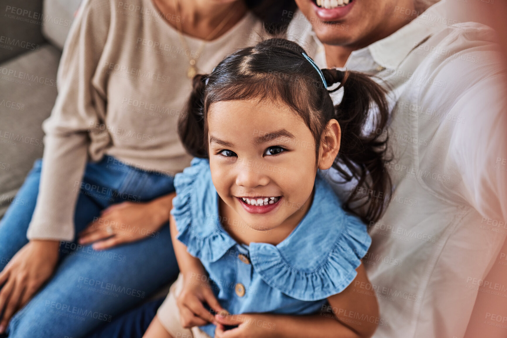 Buy stock photo Selfie, family and young happy girl together bonding on living room sofa. Portrait of adorable Asian child happiness smile on face closeup, love and care support or relax spend time in family home